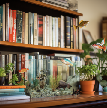 book shelf in a home study filled with books about fishhing for micro fish